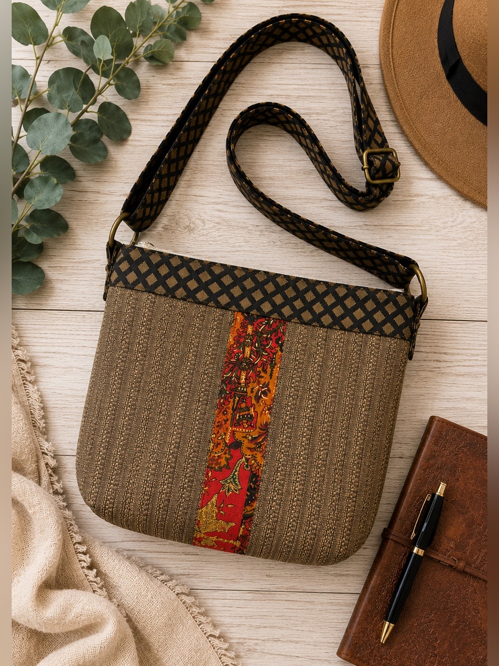 Handmade Crossbody Bag Brown Fall Paisley Adjustable Strap Waterproof Lining
